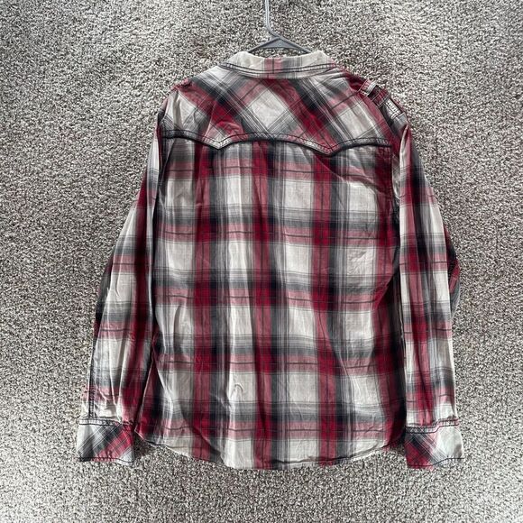 BKE Western Pearl Snap Shirt Mens Large Red White Plaid Athletic Fit Cowboy Work - Picture 9 of 12